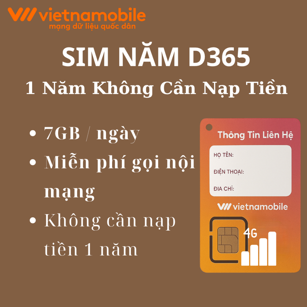 [FREE DATA 1 NĂM] Sim 4G Vietnamobile data 7GB/Ngày + Miễn phí gọi Nội mạng + Không cần nạp 1 năm
