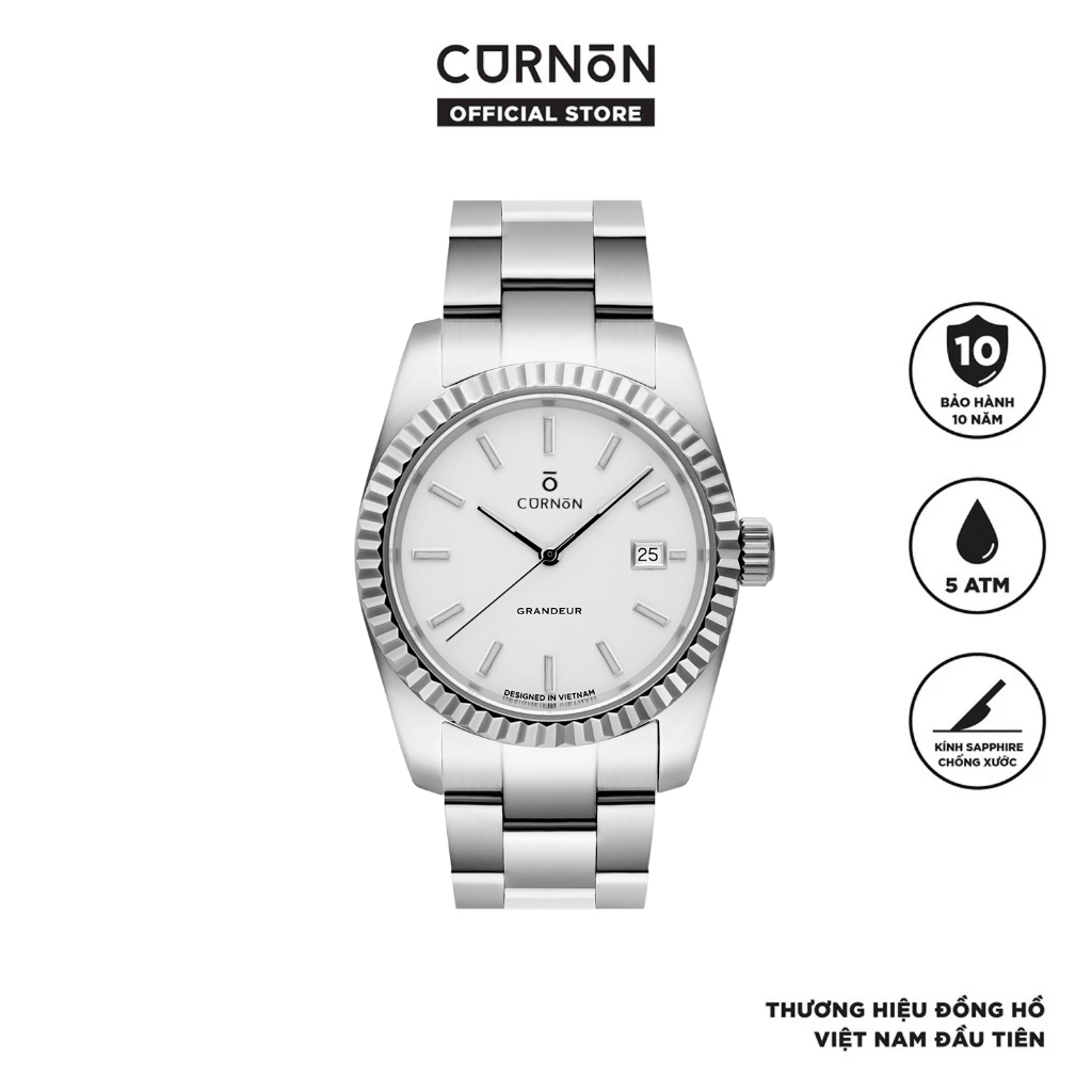 Đồng Hồ Nam Curnon Grandeur Silvery – Mặt Kim Dạ Quang, Thiết Kế Sang Trọng, Dây Kim Loại Chính Hãng