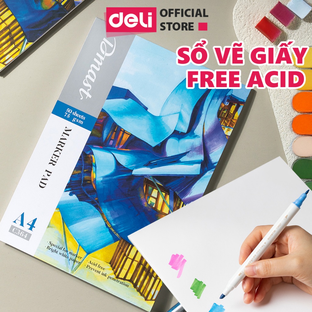 Sổ Vẽ Màu Marker Cao Cấp Dmast Deli - Giấy Vẽ Mỹ Thuật Chuyên Dụng 50 Tờ - Giấy Cao Cấp Free Acid Kh