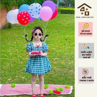 Đầm kẻ xanh cổ vuông phối nơ đỏ bồng bềnh dễ thương cho bé gái, váy bé gái, váy mặc hè Moon Jonhny Baby Kids