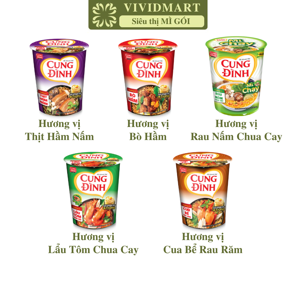 [LY LẺ] - AFOTECH - Mì ly Cung Đình 5 vị: Lẩu tôm chua cay, Cua bể rau răm, Thịt hầm nấm, Bò hầm, Ra