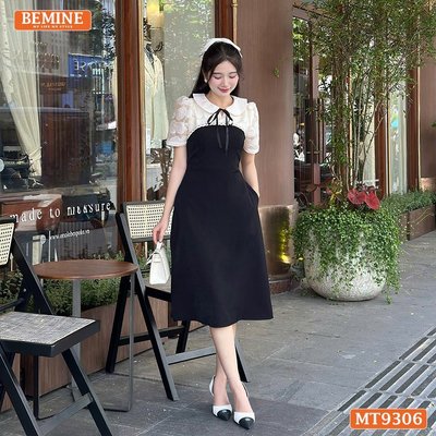 Đầm thiết kế cổ sen đính nơ tơ hoa nổi dáng chữ A BEMINE MT9306