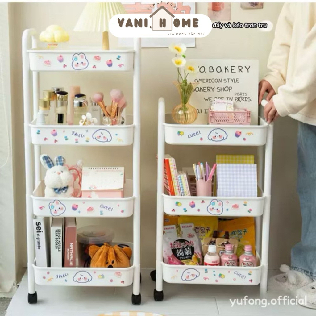 Kệ xe đẩy đựng đồ đa năng 3 tầng 4 tầng tặng kèm Sticker cute có bánh xe di chuyển đựng đồ ăn vặt, kệ spa bỉm sữa