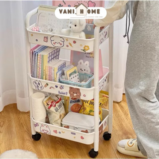 Kệ xe đẩy đựng đồ đa năng 3 tầng tặng kèm Sticker cute có bánh xe di chuyển đựng đồ ăn vặt, đồ nhà tắm, kệ spa bỉm sữa