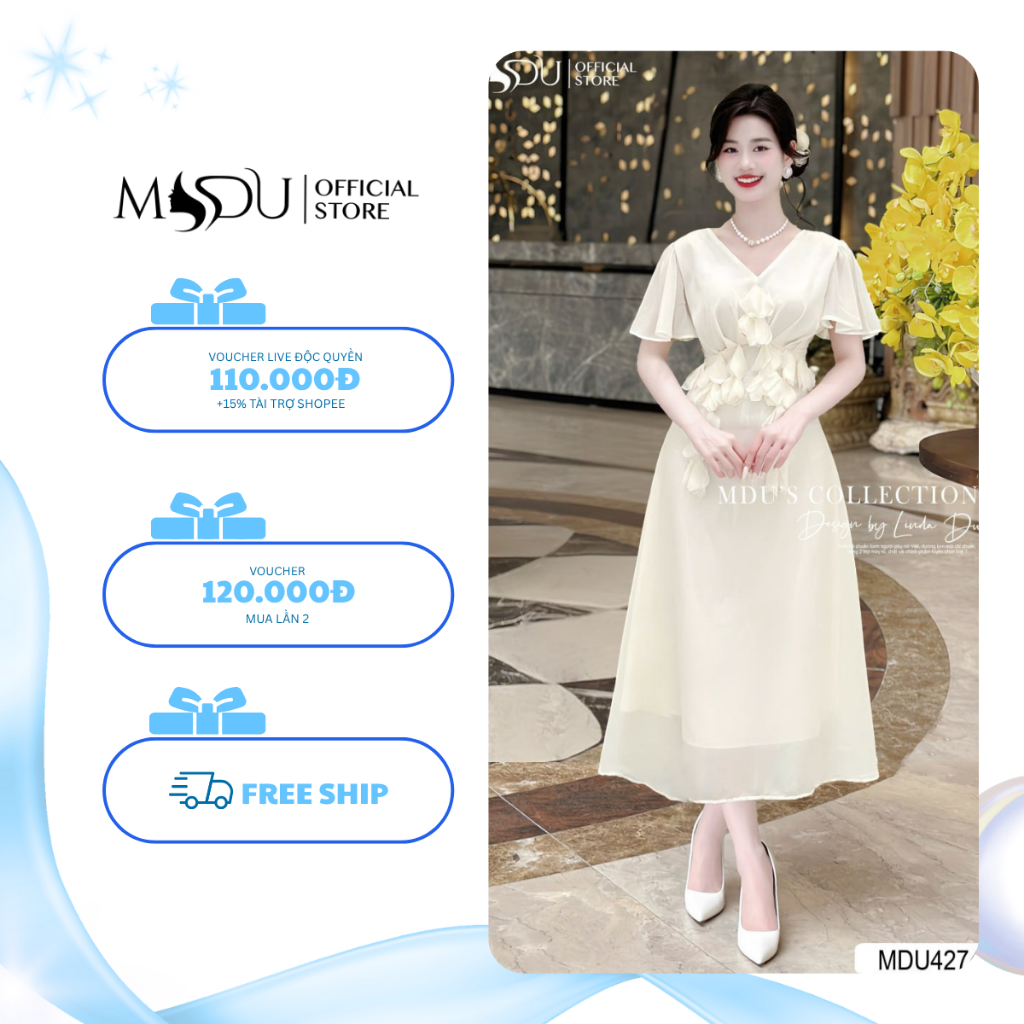 Váy Tơ Hàn K35-D3-3 MDU4274 Họa Tiết Hoa Nổi Tỉ Mỉ Gam Màu Be Sang Chảnh Từ MDU