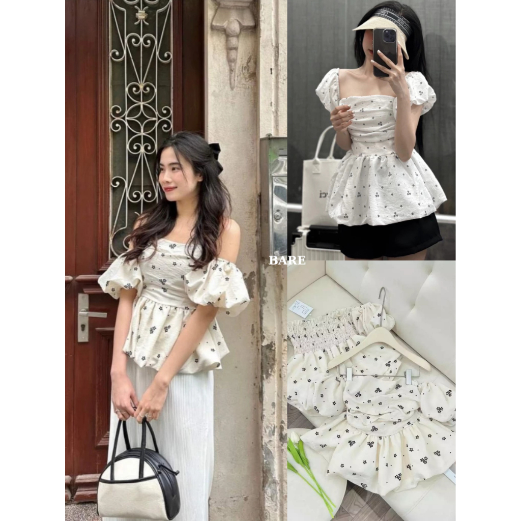BARE_(Có Big Size) Áo Trễ Vai Nữ Tay Bồng Hoa Nhí 2 Lớp Chất Đũi Xốp Mềm Hàn Quốc Đáng Yêu - A0119