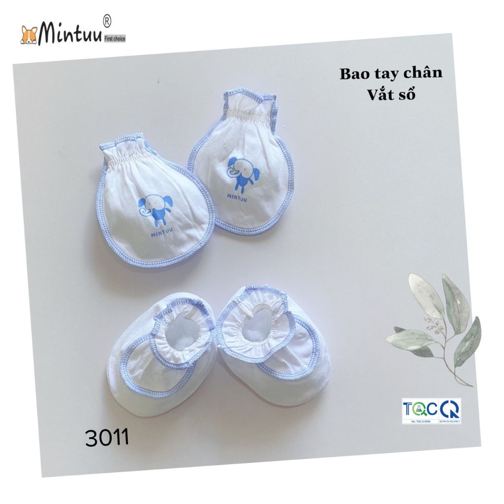 Bộ bao tay bao chân sơ sinh, vắt sổ trắng vải 100% cotton thương hiệu MINTUU - 3011