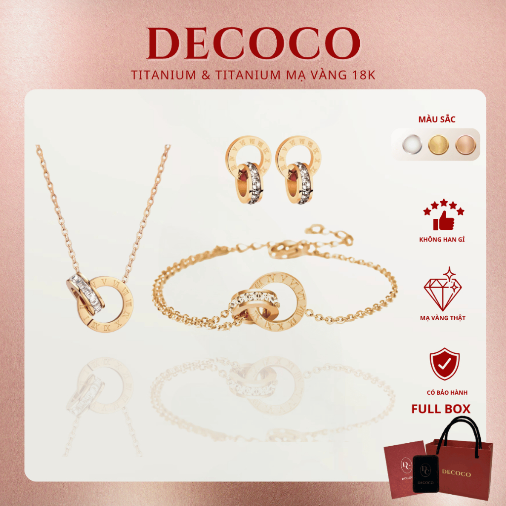 Bộ trang sức vòng cổ, vòng tay và khuyên tai Timeless DECOCO vòng tròn vô cực titan không gỉ (kèm Túi giấy + Hộp + Thiệp