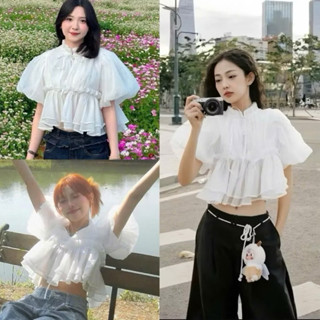 Áo Sơ Mi Babydoll Croptop Bồng Bềnh Tay Phồng Chất Tơ Xốp Màu Trắng, Áo nữ kiểu tay bồng dễ thương