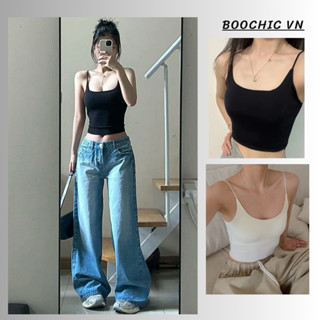  BOOCHIC Áo 2 dây sợi mảnh   có mút ngực   Áo 2 dây cotton zip 