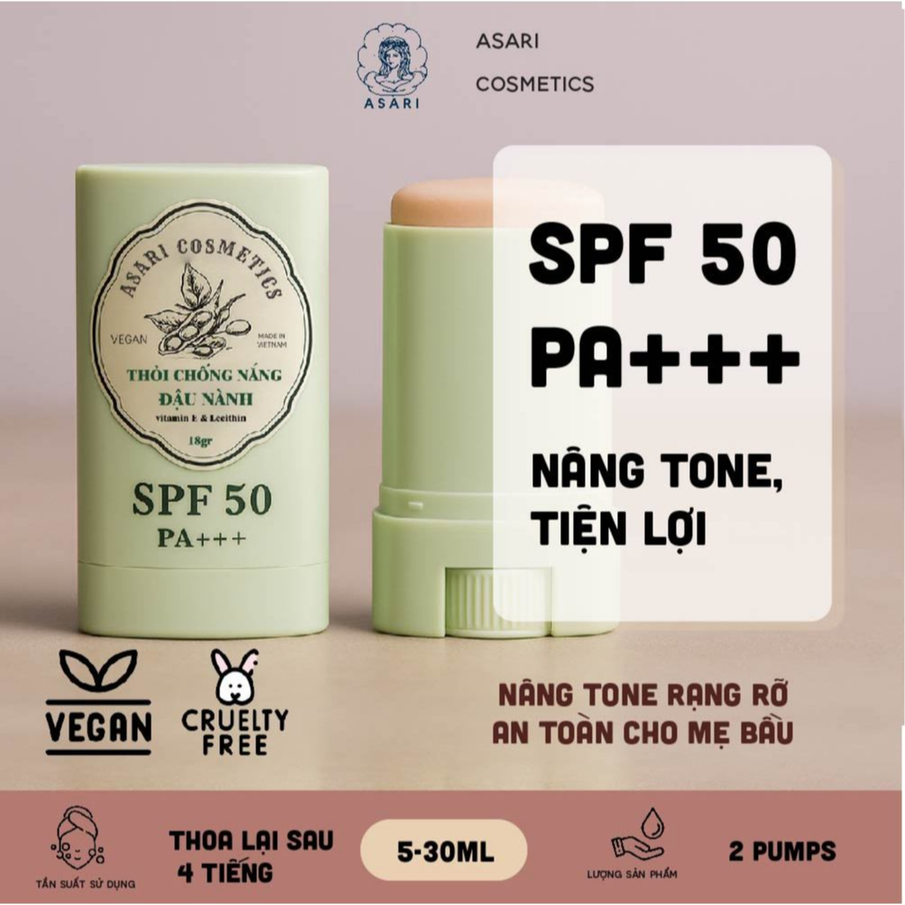 [15ml] Thỏi chống nắng đậu nành nâng tone màng lọc vật lý SPF 50 PA+++ handmade Asari Cosmetics
