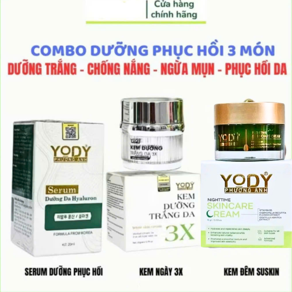 COMBO PHỤC HỒI TRẮNG DA 3X YODY WHITE PHƯƠNG ANH - KEM 3X + KEM ĐÊM SUSKIN + SERUM PHỤC PHỒI
