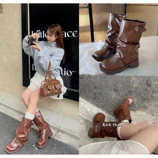  Boot hiệp sĩ mũi tròn gót dày có khoá thắt lưng  HÀNG SẴN  