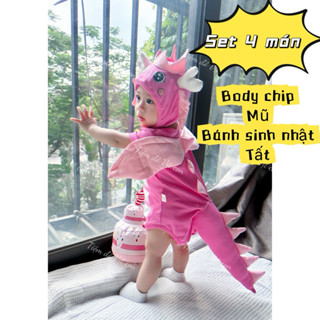 (HÀNG CÓ SẴN) Set rồng hồng sinh nhật kèm mũ và bánh + tất trắng chất cotton mềm mát cho bé từ 0-2 tuổi