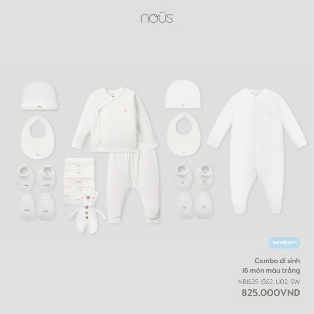 Nous Newborn Combo đi sinh, set quà tặng 16 và 19 món sơ sinh màu sắc phối họa tiết bé dưới 5.5kg BST T10