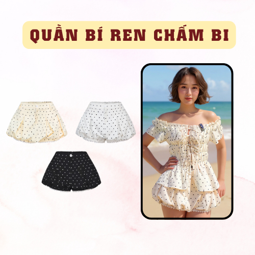 Short Đùi Nữ Bí Phồng SAIGONESE Quần Ngắn Giả Chân Váy Cạp Trễ Hoạ Tiết Chấm Bi Y2K Phối Ren Viền Nữ
