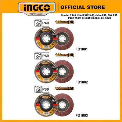 Bộ Combo 3 đĩa nhám xếp 3 độ nhám P40, P60, P80 đánh nhám bề mặt kim loại, gỗ, nhựa, inox, sơn cũ, mối hàn INGCO CBFD123