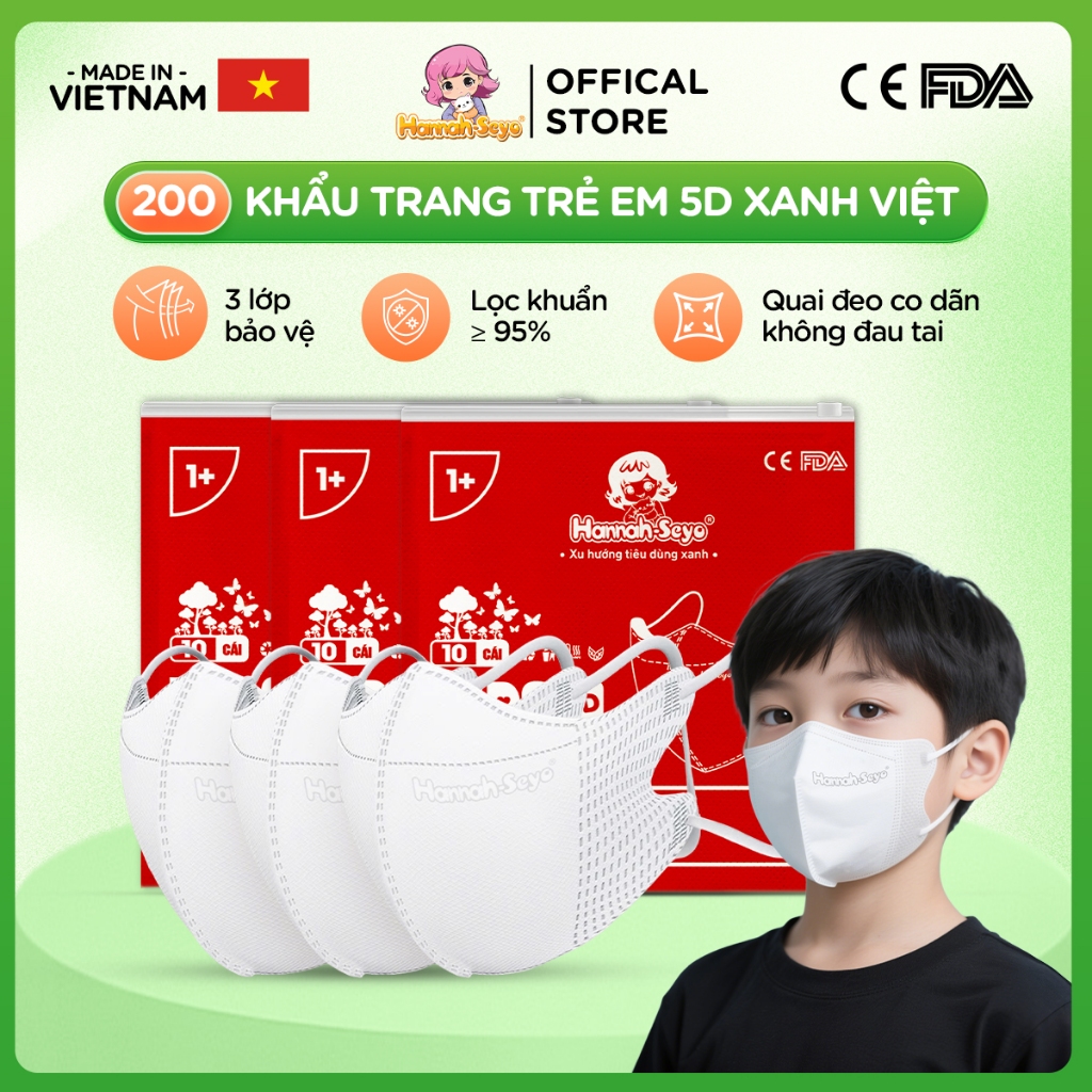 [Thùng 200 cái] Khẩu trang cho trẻ em cho bé dưới 25kg loại 5D chống tia UV, chống nắng, bụi mịn 3 lớp Hannah seyo