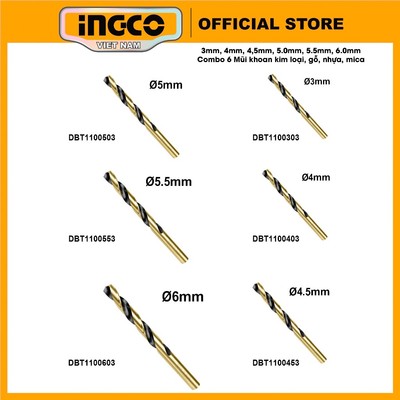 Bộ combo 6 mũi khoan kim loại, gỗ, nhựa cho DIY, gia đình INGCO CBDBT36 size 3mm, 4mm, 4,5mm, 5.0mm, 5.5mm, 6.0mm
