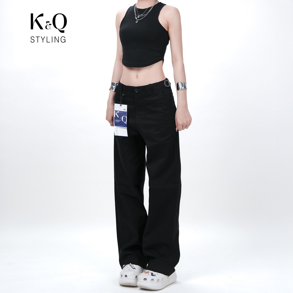  Quần Kaki Nữ Ống Rộng Form Đứng Lưng Cao Có Khoen Điều Chỉnh | KQSTYLING BASIC KHOEN 