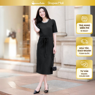  SWANLAKE | Váy Đầm Nữ Vải Thun Thắt Eo Rút Dây Cổ Tròn Tay Viền Có Túi Công Sở Thanh Lịch D11089 