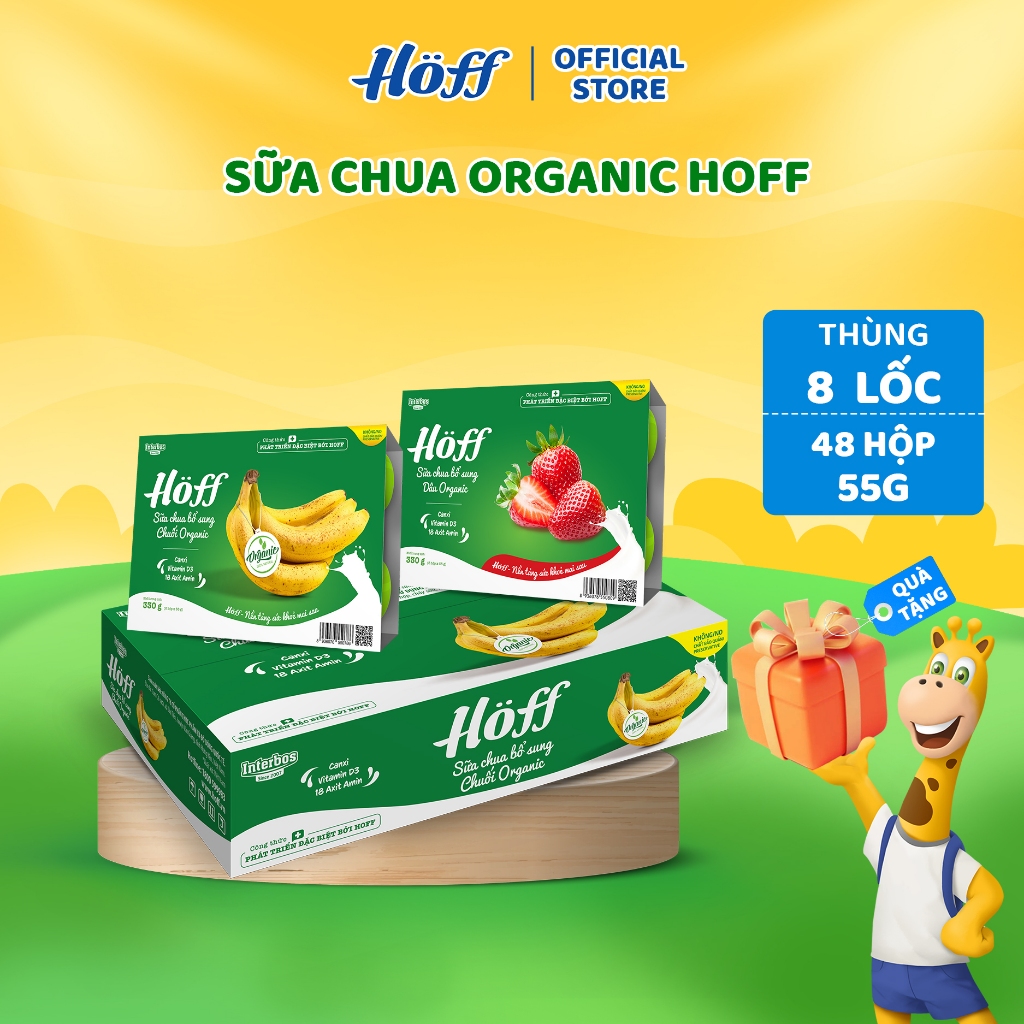 Sữa chua trái cây HOFF chuối Organic, dâu Organic cao cấp bổ sung 18 loại Acid Amin 1 Thùng (55g x 48 hộp)