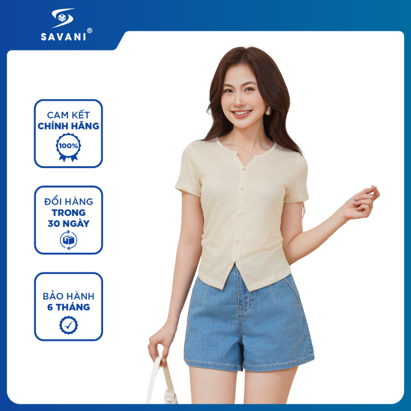 Áo Thun Ngắn Tay Cổ V SAVANI, Áo Cách Điệu Cúc Bọc Vải, Áo Ôm Body, Tôn Dáng WTS040S5