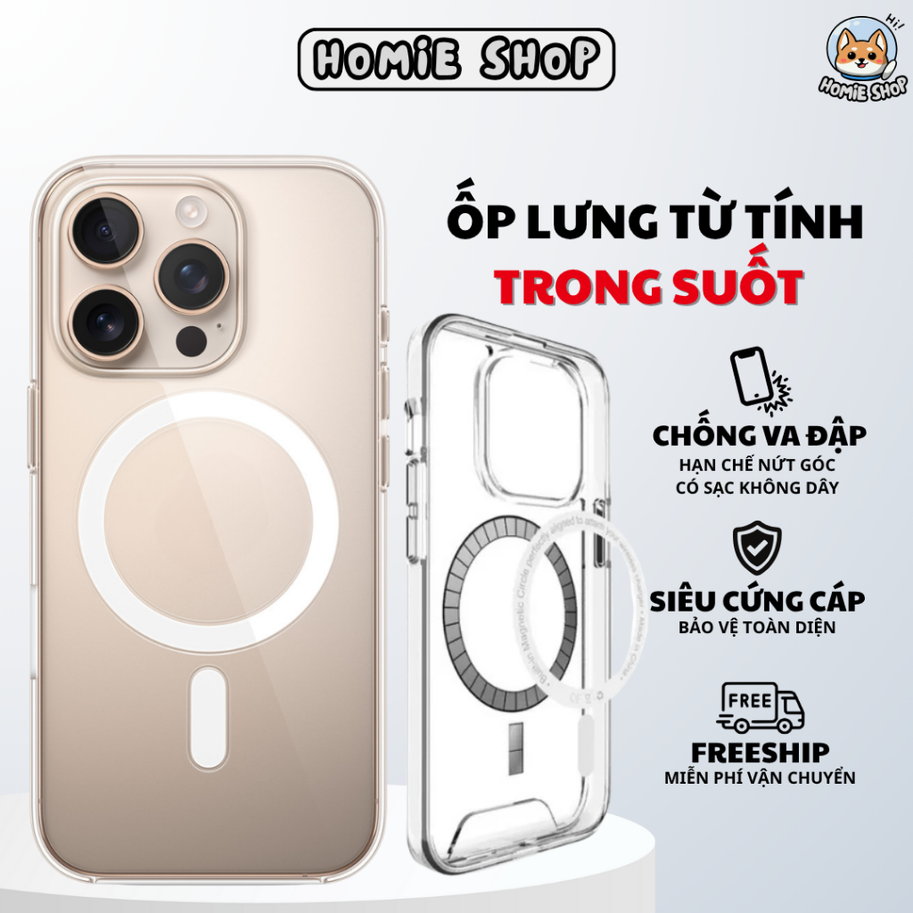 Ốp Lưng Điện Thoại Trong Suốt Chống Sốc Hỗ Trợ Sạc Từ Tính không dây Cho IP - HOMIESHOP