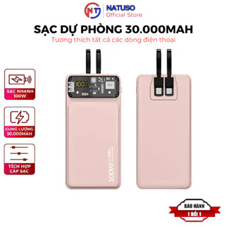 Pin sạc dung lượng 30000mah sạc nhanh 100w có sẵn dây cho điện thoại - Natuso NT159