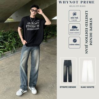 Quần Suông Stripe Denim Ống Suông Rộng WN PRIME | Quần Bò Nam Nữ Kẻ Sọc - Kaki Trắng Form Suông Rộng Có BigSize