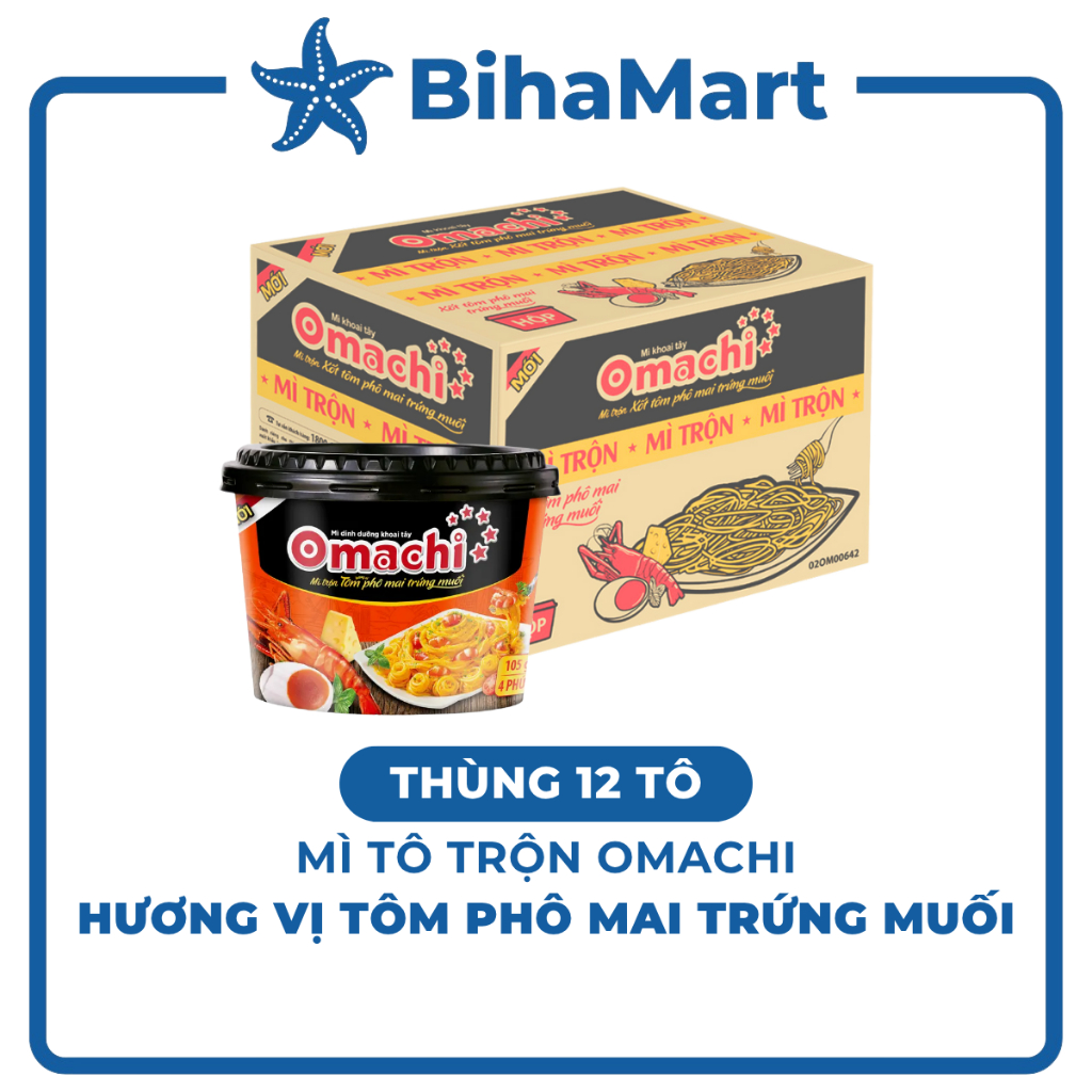 [THÙNG 12 TÔ] - MASAN - Omachi tô trộn Xốt tôm phô mai trứng muối (105g/tô)- Mì tô trộn trứng muối, 