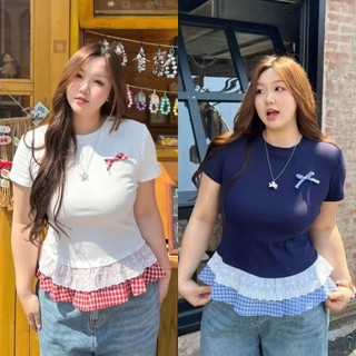  SẴN TRẮNG   BIGSIZE L - 4XL  Áo Thun Nữ Phối Bèo Bigsize Xanh Trắng Họa Tiết Caro Đa Màu Trendy 2025 