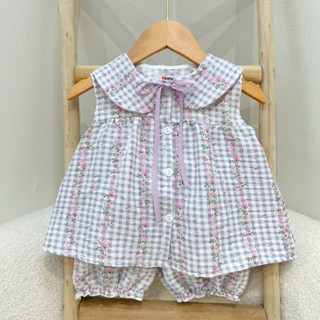 Đồ bộ cho bé gái Hapykids chất đũi kẻ phối hoa cổ sen đính nơ mềm mát, bộ quần áo mùa hè cho bé gái 2025 [25B.61]