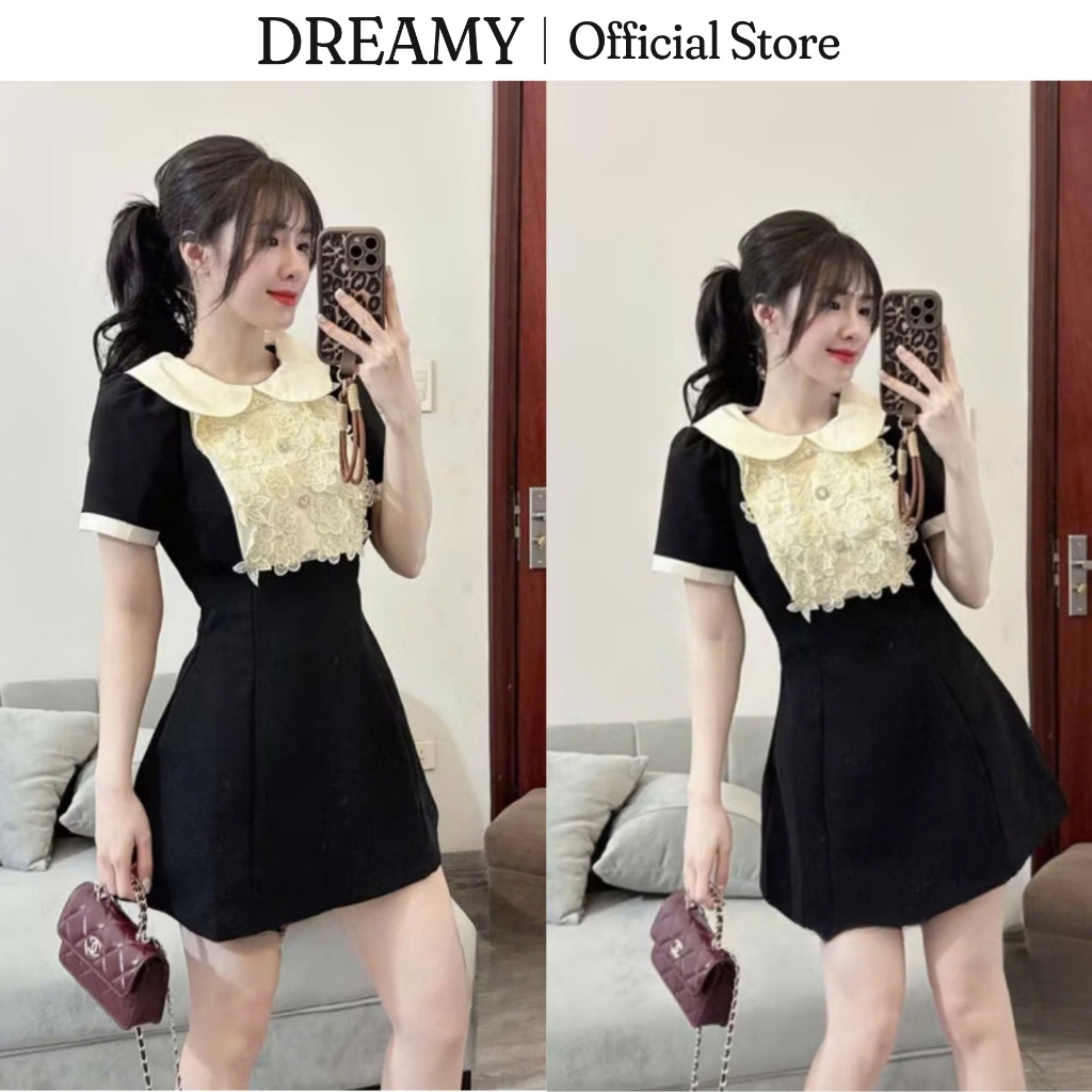 Váy Sơ Mi Cổ Sen Tay Bồng Đính Nơ – Kết Hợp Yếm Xếp Ly Chéo Cách Điệu, Chuẩn Style Hàn Quốc Thanh Lị