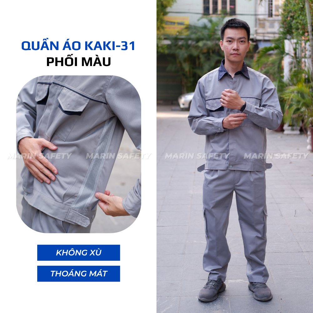 Quần áo bảo hộ lao động AGOTA QA06 vải kaki 3/1 dày dặn, màu ghi xám phối tím than - Marin Safety