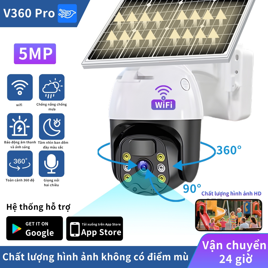 V360 Pro WIFI Camera Năng Lượng Mặt Trời 5MP Full Color Night Vision WiFi Chống Mưa Bảo Đảm Âm Thanh