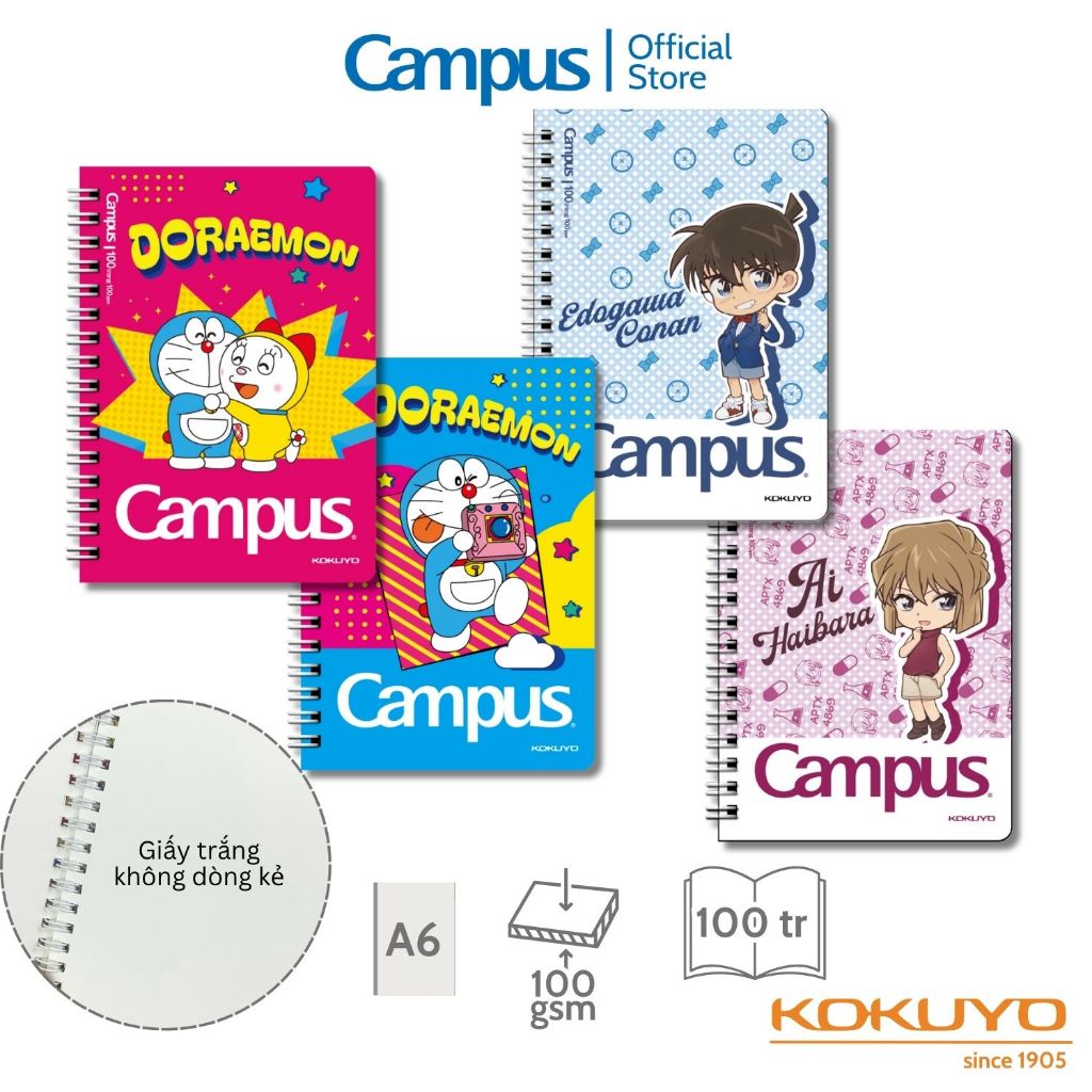 Sổ Lò Xo  Conan/Doraemon Campus A6 100 Trang – Giấy Trắng Trơn, Sổ Tay Sáng Tạo