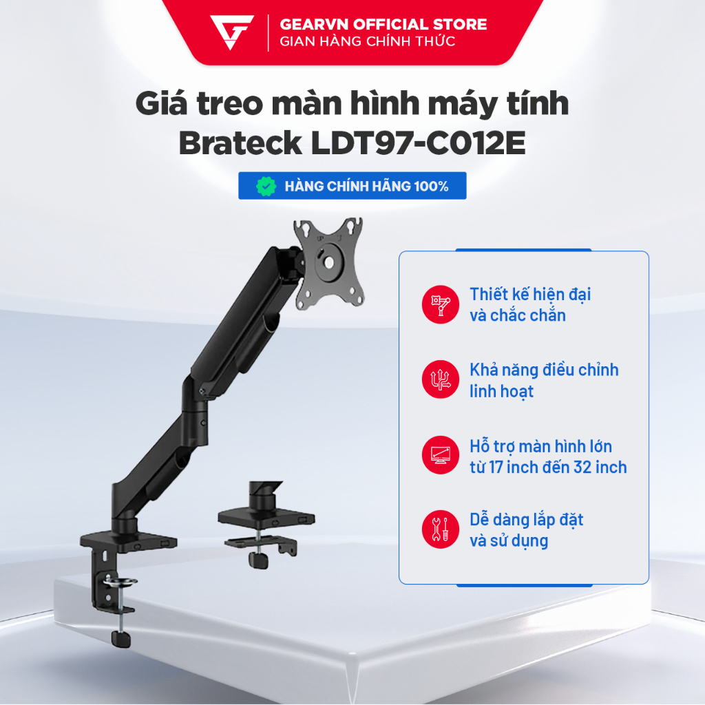 Giá Treo Màn Hình máy tính Ergonomic Brateck LDT97-C012E Xoay 360 17-29 Inch BH 36 tháng