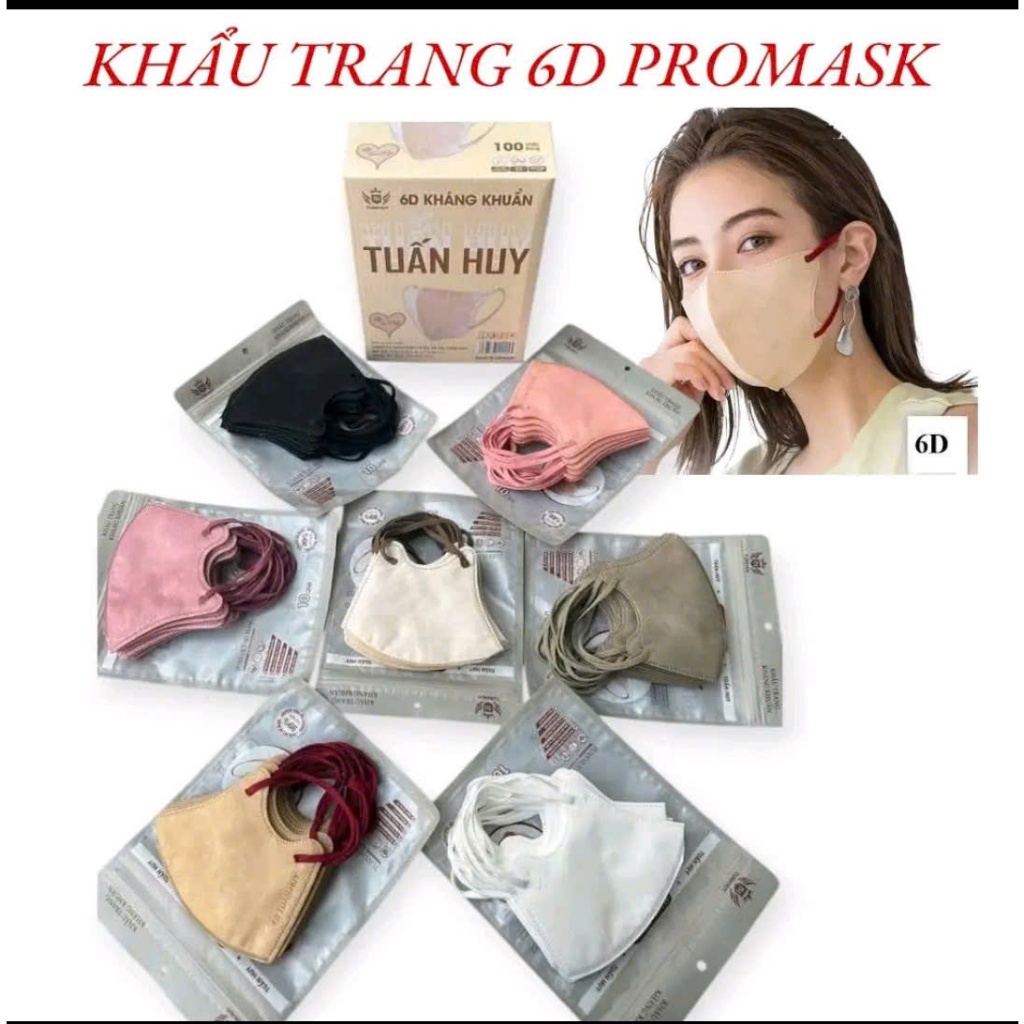 Sỉ 100 chiếc Khẩu Trang 6D Promask TUẤN HUY quai thun dẹt đeo không đau tai vải mềm