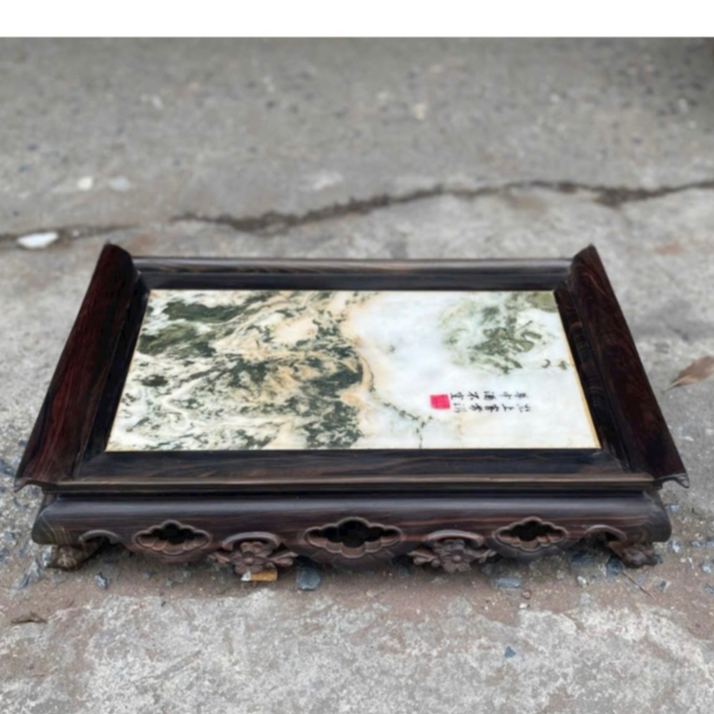 Khay trà khảm đá gỗ mun hoa 32x45 cao 12cm
