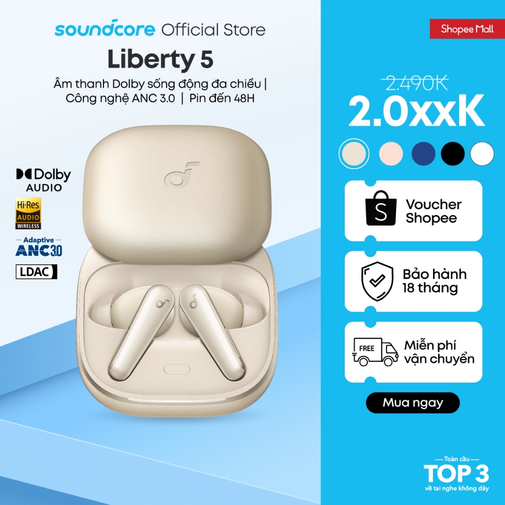 Tai nghe bluetooth soundcore Liberty 5 ANC 3.0 | Pin 48 giờ | Kháng bụi, nước IP55