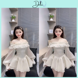 Váy Tơ Baby Trễ Vai Đính Hạt Ngọc Tay Bồng Bánh Bèo Dáng Xoè Tầng Có Kèm Quần Trong