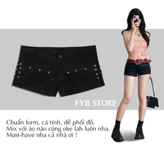 A4 - Quần Đùi Jean Đen Nữ Đinh Tán Kaki Short Ngắn Cạp Thấp Cá Tính Lưng Trễ Ôm Mông Y2K Dancer Đi Quẩy Đi Chơi Bar Club