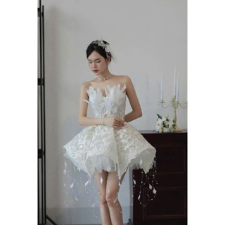  váy cưới đi bàn sinh nhật dự tiệc dáng cúp xòe phồng ren thêu kết lông vũ-fom siết eo dáng ngắn full size s,m,l,xl 