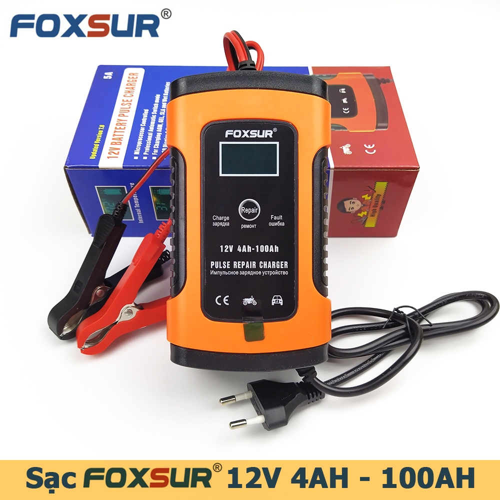 Sạc bình ắc quy 5A 12V 4AH-100AH FOXSUR tự ngắt khi đầy có chức năng khử sunfat