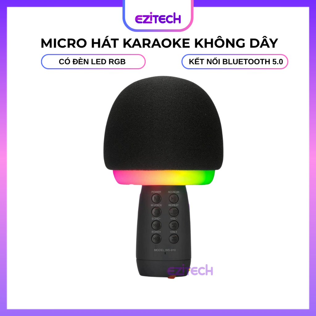 Micro karaoke bluetooth kiêm loa WS910 micro karaoke không dây đèn led rgb âm to chất lượng