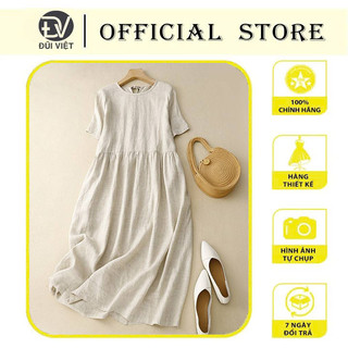 Đầm linen dáng suông, váy cổ tròn tay bo chun -Váy đẹp ngắn tay trơn basic