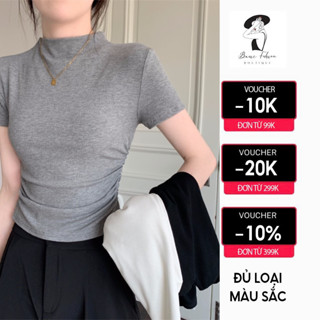 Áo thun croptop nữ dáng ôm cổ cao nhún sườn eo chất thun gân tăm co giãn đơn giản