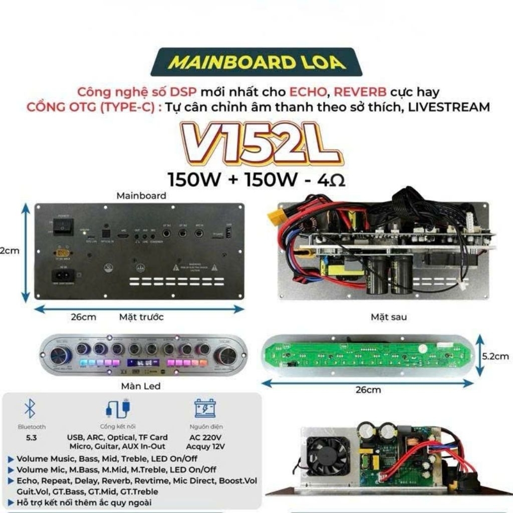 Mạch loa kéo 2 kênh 300W Stereo V152L 2025 kèm micro tặng chống lăn