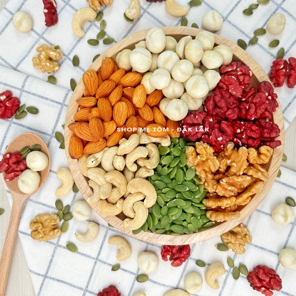 500GRAM MIX HẠT SẤY NGUYÊN VỊ CÓ MACCA, HẠNH NHÂN, HẠT ĐIỀU, ÓC CHÓ ĐỎ, ÓC CHÓ VÀNG, HẠT BÍ XANH, SỮA HẠT